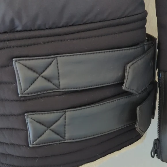 Blanc Noir Moto Aviator Black Puffer Jacket with Cream Faux Fur - Picture 6 of 13